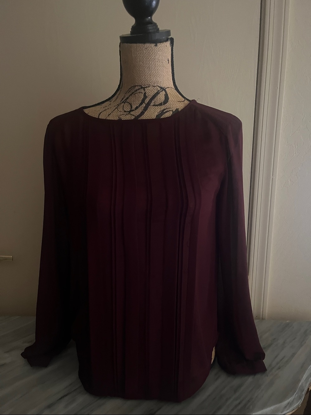 LOFT Maroon Pintuck Long-Sleeve Dress